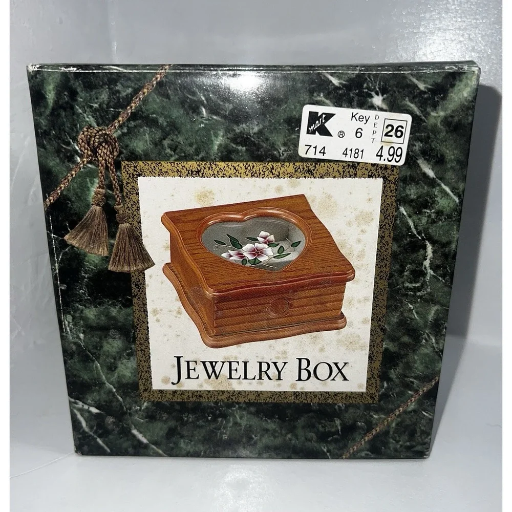 Vintage 1990's Ladies Jewelry Box Oak Finish Stained Glass Lid Kmart NEW IN BOX!